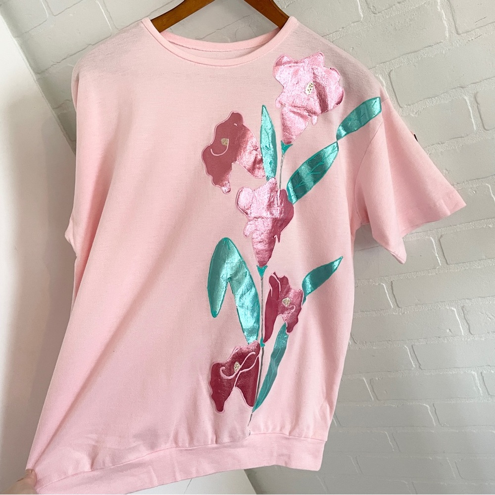 80s Artwear Graphic Appliqué Tee Iridescent Floral One Stitch Handmade Sz M - Picture 4 of 13